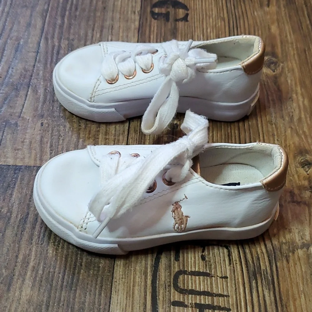 Polo by Ralph Lauren White Kids Sneakers with Rose Gold Accents